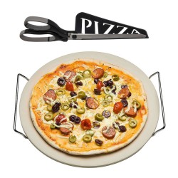 Keramische pizzasteen rond 33 cm met handvaten en zwarte pizzaschaar - Pizzaplaten